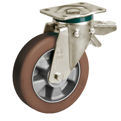 Ruote in poliuretano "TR-POWERHIGH", nucleo in alluminio, supporto girevole, piastra tipo "PT" con freno