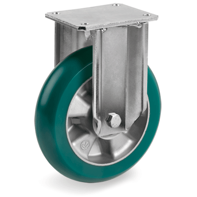 Ruote in poliuretano "TR-ROLL" con profilo bombato ergonomico, nucleo in alluminio, supporto fisso tipo "EP"