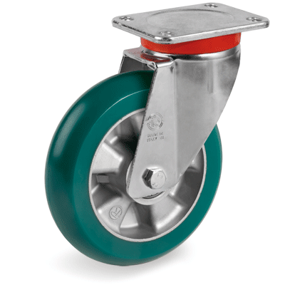"TR-ROLL" polyurethane wheels with ergonomic round profile, aluminium centre swivel top plate bracket type "EP"