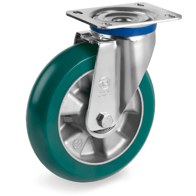 "TR-ROLL" polyurethane wheels with ergonomic round profile, aluminium centre, swivel top plate bracket type "M"