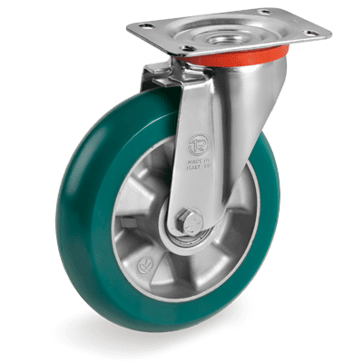 Ruote in poliuretano "TR-ROLL" con profilo  ergonomico, nucleo in alluminio, supporto girevole tipo "NL"