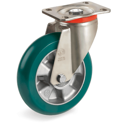 "TR-ROLL" polyurethane wheels with ergonomic round profile, aluminium centre, swivel top plate bracket type "P"