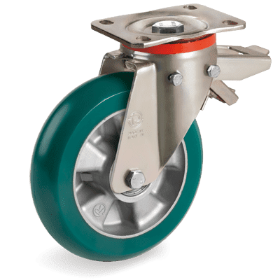 "TR-ROLL" polyurethane wheels with ergonomic round profile aluminium centre, swivel top plate bracket type "P" with brake