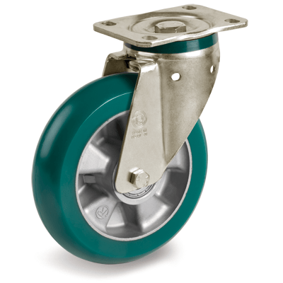 "TR-ROLL" polyurethane wheels with ergonomic round profile, aluminium centre, swivel top plate bracket type "PT"