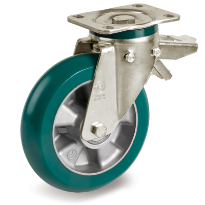 "TR-ROLL" polyurethane wheels with ergonomic round profile aluminium centre, swivel top plate bracket type "P" with brake