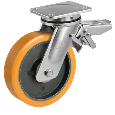 "TR" polyurethane wheels, swivel top plate bracket type "EE MHD" with brake