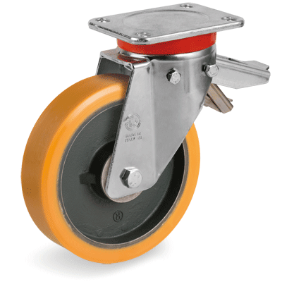 "TR" polyurethane wheels, swivel top plate bracket type "EP" with brake