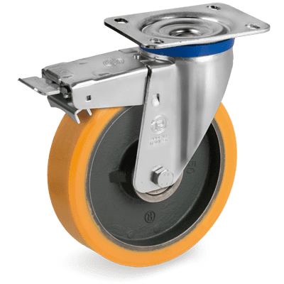 "TR" polyurethane wheels, swivel top plate bracket type "M" with brake
