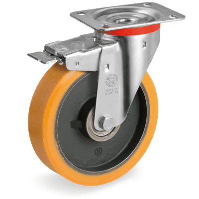 "TR" polyurethane wheels, swivel top plate bracket type "NL" with brake