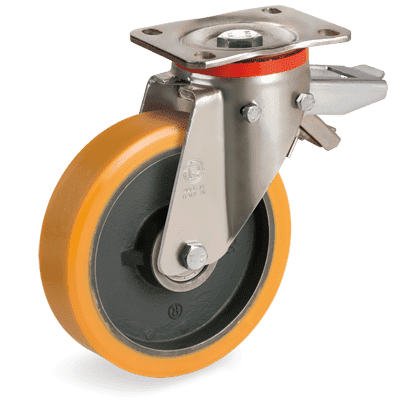 "TR" polyurethane wheels, swivel top plate bracket type "P" with brake