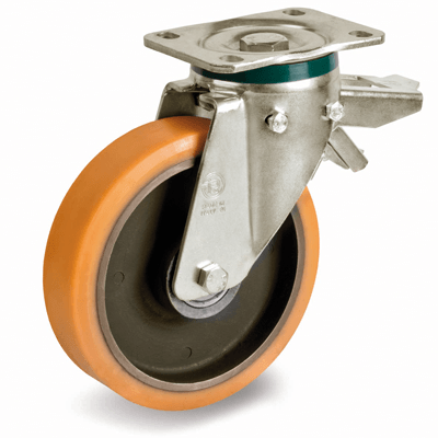 "TR" polyurethane wheels, swivel top plate bracket type "PT" with brake