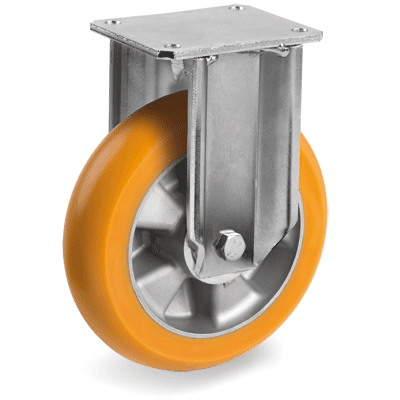 Thick "TR" polyurethane wheels with ergonomic round profile, aluminium centre, fixed bracket type "EP"