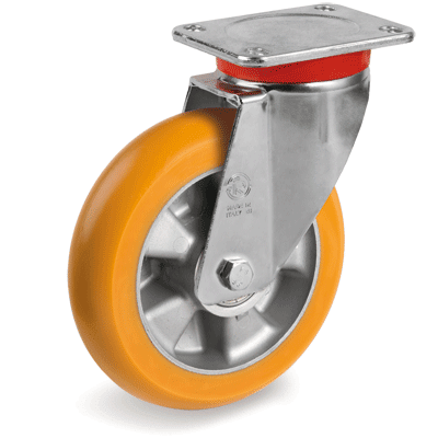 Ruote in poliuretano "TR" alto spessore con profilo bombato ergonomico, nucleo in alluminio, supporto girevole tipo "EP"