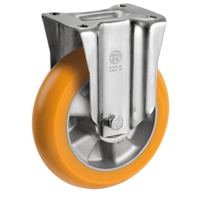 Thick "TR" polyurethane wheels with ergonomic round profile, aluminium centre, fixed bracket type "M"