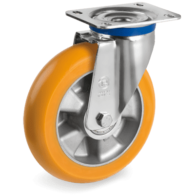 Ruote in poliuretano "TR" alto spessore con profilo bombato ergonomico, nucleo in alluminio, supporto girevole tipo "M"