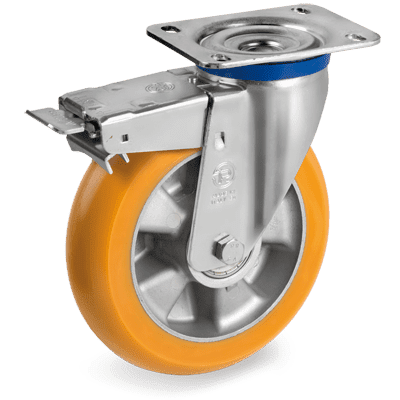 Thick "TR" polyurethane wheels with ergonomic round profile, aluminium centre, swivel top plate bracket type "M" with adjustable front-locking brake
