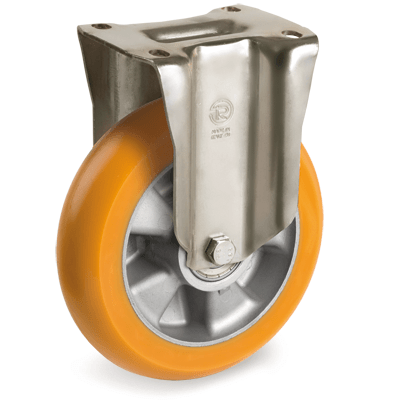 Ruote in poliuretano "TR" alto spessore con profilo bombato ergonomico, nucleo in alluminio, supporto fisso tipo "PT"