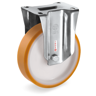 Ruedas de poliuretano "TR", nucleo de poliamida 6, soporte fixo tipo "NLX" de acero INOX