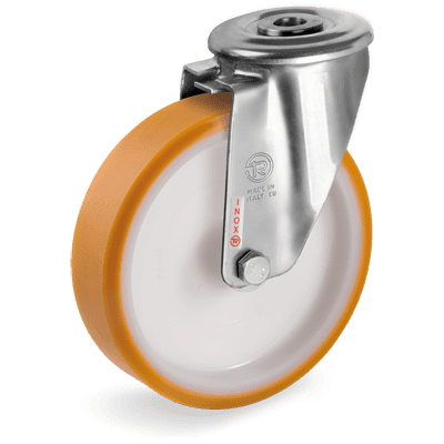 Ruedas de poliuretano "TR", nucleo de poliamida 6, soporte giratorio tipo "NLX" con taladro pasador de acero INOX