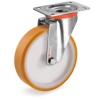 Ruedas de poliuretano "TR", nucleo de poliamida 6, soporte giratorio tipo "NLX" de acero INOX