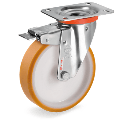 Ruedas de poliuretano "TR", nucleo de poliamida 6, soporte giratorio tipo "NLX" con freno de acero INOX
