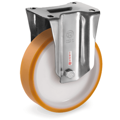 Ruedas de poliuretano "TR", nucleo de poliamida 6, soporte fixo tipo "PX" de acero INOX