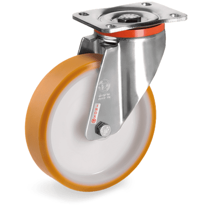Ruedas de poliuretano "TR", nucleo de poliamida 6, soporte giratorio tipo "PX" de acero INOX