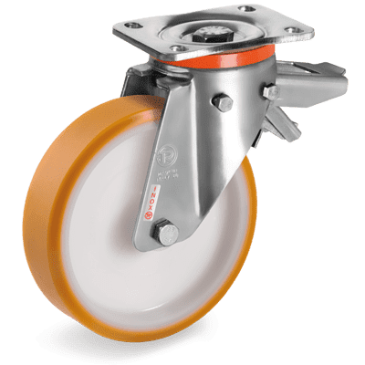 Ruedas de poliuretano "TR", nucleo de poliamida 6, soporte giratorio tipo "PX" con freno de acero INOX