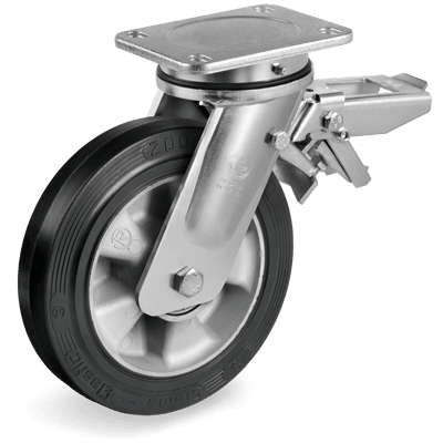 "SIGMA ELASTIC" rubber wheels, aluminium centre, swivel top plate bracket type "EE MHD" with brake