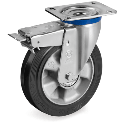 "SIGMA ELASTIC" rubber wheels, aluminium centre, swivel top plate bracket type "M" with brake