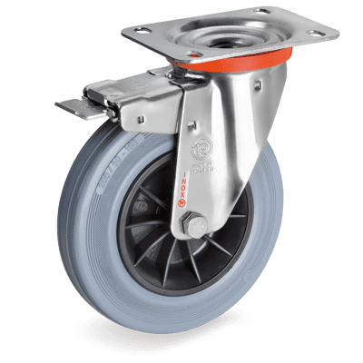 Standard rubber wheels, swivel top plate bracket type "NLX" with brake