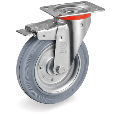 Standard rubber wheels, swivel top plate bracket type "NL" with brake