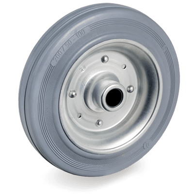 Non-marking standard rubber wheels, pressed steel discs, plain bore