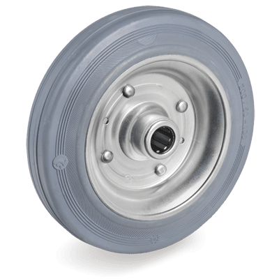 Non-marking standard rubber wheels, pressed steel disc, roller bearing bore