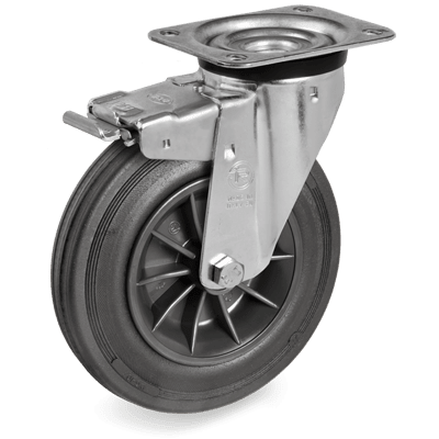 Standard rubber wheels, swivel top plate bracket type "NL" with brake