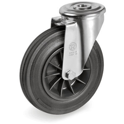 Roues en caoutchouc noir avec corps en polypropilène, montures pivotantes légères à oeil "SL"