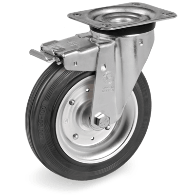 Standard rubber wheels, swivel top plate bracket type "NL" with brake