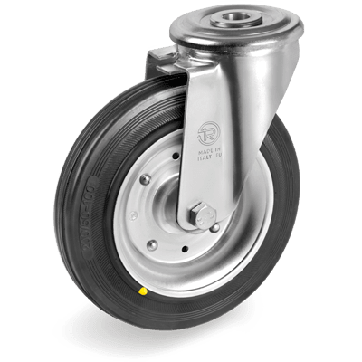 Roues en caoutchouc noir avecdisques en tôle, montures pivotantes légères à oeil "SL"