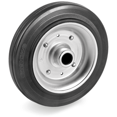 Standard rubber wheels, pressed steel discs, plain bore