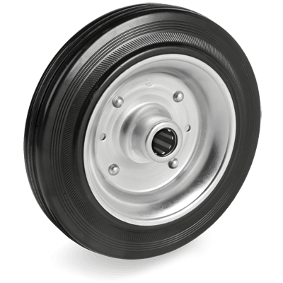 Standard rubber wheels, pressed steel discs, roller bearing bore