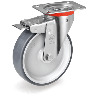Grey non-marking thermoplastic rubber, polypropylene centre, swivel top plate bracket type "NL" with brake
