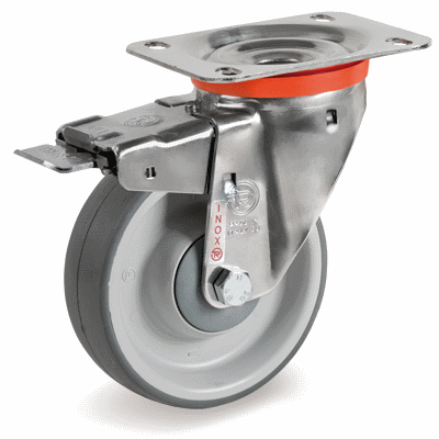 Thermoplastic rubber wheels, swivel top plate bracket type "NLX" with brake
