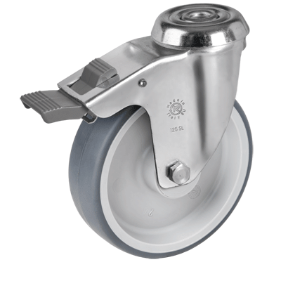 Thermoplastic rubber wheels, polypropylene centre, swivel bolt hole bracket type “SL” with brake