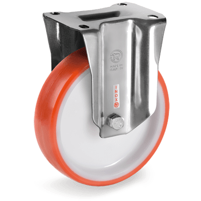 RUOTE IN POLIURETANO INIETTATO 55 SHORE D, NUCLEO IN�POLIAMMIDE 6, SUPPORTI LEGGERI IN ACCIAIO INOX (NLX)