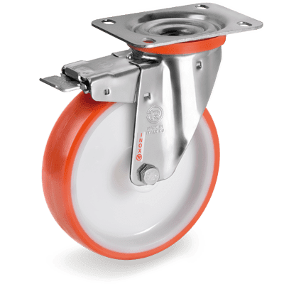 RUOTE IN POLIURETANO INIETTATO 55 SHORE D, NUCLEO IN�POLIAMMIDE 6, SUPPORTI LEGGERI IN ACCIAIO INOX (NLX)