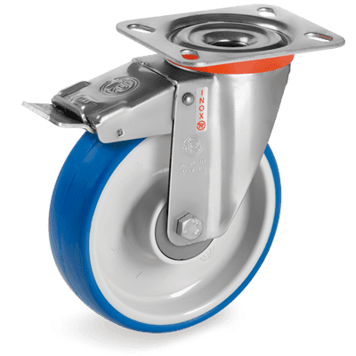Thermoplastic rubber wheels, swivel top plate bracket type "NLX" with brake