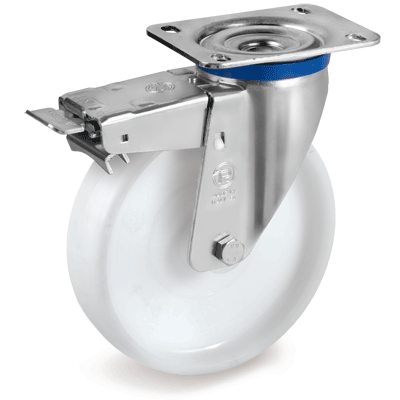 Solid polyamide 6 wheels,swivel top plate bracket type "M" with brake