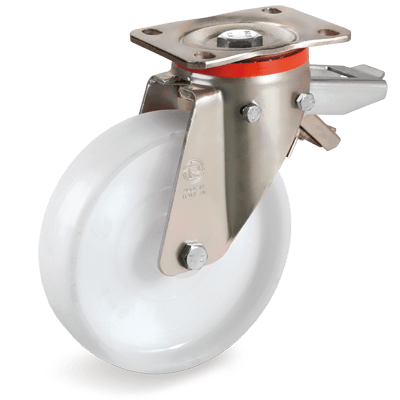 Solid polyamide 6 wheels,swivel top plate bracket type "P" with brake