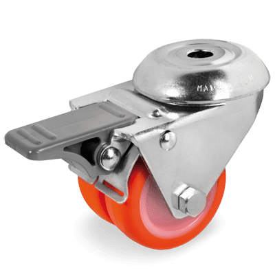 Twin injection polyurethane wheels, polyamide 6 centre, swivel bolt hole bracket with brake