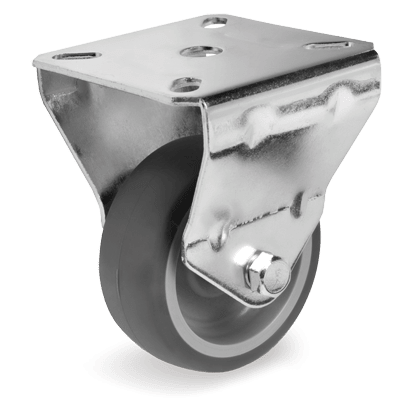 Ruote in gomma termoplastica grigia antitraccia, nucleo in polipropilene, supporto fisso